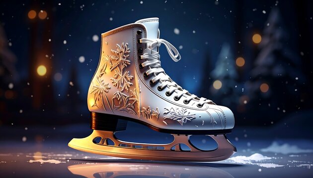 A lone, elegantly detailed ice skate sits on a snowy surface, set against a blurred night backdrop with twinkling lights and falling snow
