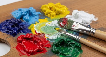 Artist palette with vibrant oil paints and brush