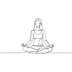 Woman in lotus position meditating, single line art on white