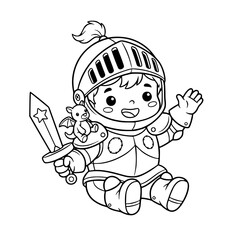 Boy knight holding sword shield outline illustration