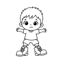 Boy standing wearing oversized shoes outline illustration