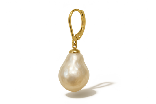 Elegant teardrop pearl earring with gold clasp isolated on transparent background