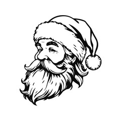 Black and white vintage Santa Claus portrait with hat and long beard, classic holiday season illustration, Christmas Santa Claus, vintage Santa face, retro Santa art