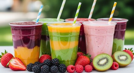 Colorful Layered Fruit Smoothies Healthy Refreshing Summer Drinks