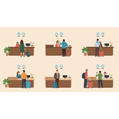 People checking in at hotel reception desk with luggage