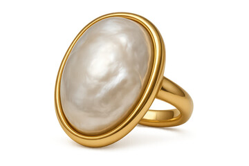 Elegant gold ring with a large pearl isolated on a transparent background