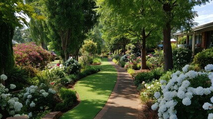 Obraz premium Green grass pathway between beautiful flower gardens and tall, shady trees. Ideal for illustrating landscaping, peaceful neighborhoods, or springtime beauty.