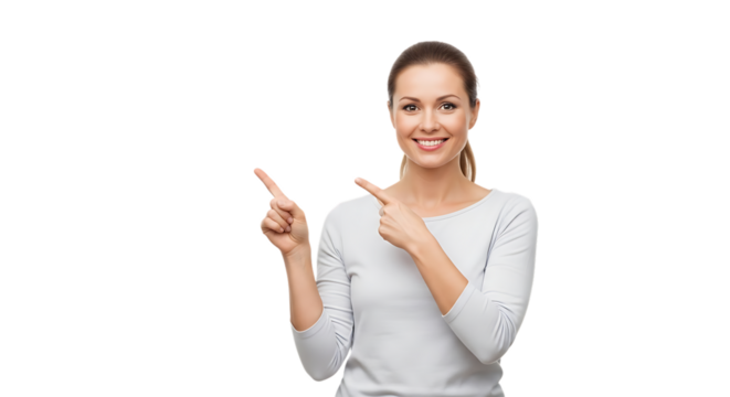 Smiling young businesswoman pointing her finger up to show success