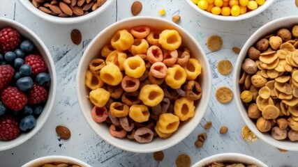 A variety of grains, nuts, and berries in white bowls on a light-colored table—a bright and appetizing composition. Perfect for food blogs, healthy eating ads, articles about proper nutrition, and vit