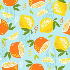 Vibrant Seamless Pattern Featuring Lemons Oranges and Green Leaves on a Light Blue Background Fresh Fruit Summer Texture Colorful Wallpaper Design