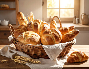 Basket Of Fresh Breads In Rustic Kitchen With Warm Sunlight And Croissants