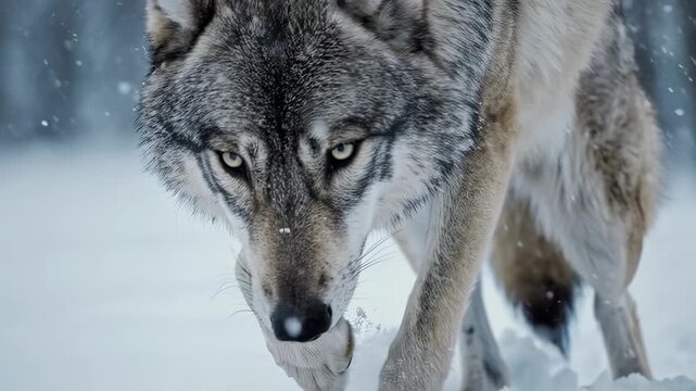 A close-up shot of a majestic wolf walking through the snow, with a captivating gaze