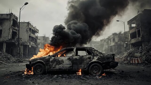 A burning car wreaks havoc amidst war-torn urban devastation, with ominous clouds of smoke billowing into the sky