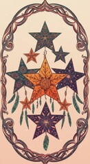 Intricate illustration depicts a symmetrical arrangement of stylized stars in various colors and detailed patterns, embellished with decorative elements like feathers, all framed by an ornamental...