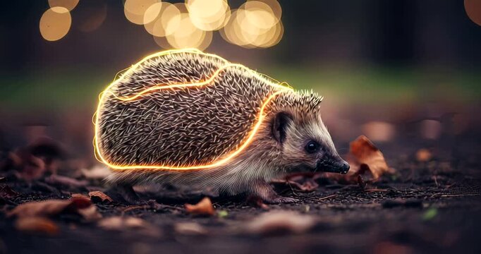 A hedgehog foraging among autumn leaves with blurred lights in the background