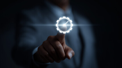 Businessman Touching Gear and Time Icon Representing Process Automation, Workflow Optimization and Effective Time Management