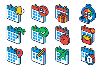 Colorful Event Notifications. Isometric vector illustration set Calendar and event notifications: event reminder bell, meeting