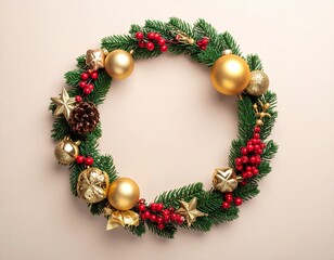 Christmas wreath with golden baubles, pinecones, stars and red berries on pastel background