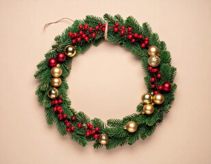 Christmas wreath with red and gold baubles, pine branches and berries on pastel background