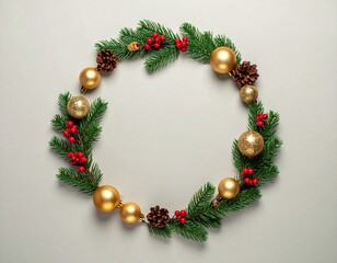 Festive Christmas wreath made of pine branches, golden ornaments, pinecones, and red berries on a light pastel background
