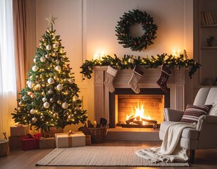 Warm festive living room interior with decorated Christmas tree, glowing fireplace, stockings, garland, candles, and holiday wreath