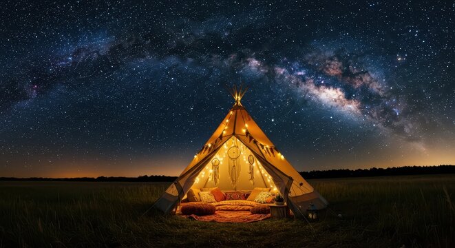 Illuminated tent adorned with string lights and dream catchers glows brightly against a backdrop of a star-filled night sky, creating a tranquil ambiance.