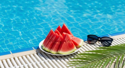 Summer pool watermelon sunglasses tropical vacation refreshing poolside scene