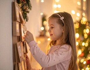 Happy little girl in cozy pajamas opening a window of an advent calendar at home