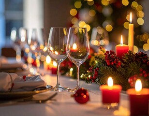 Romantic Christmas dinner table with candles and wine glasses