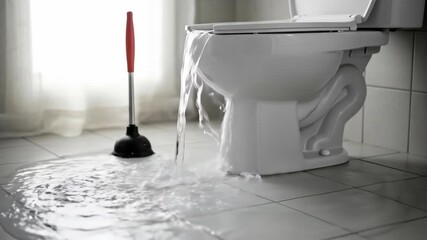 Toilet overflowing with water spreading on tiled floor as plunger stands by, showing plumbing problem.