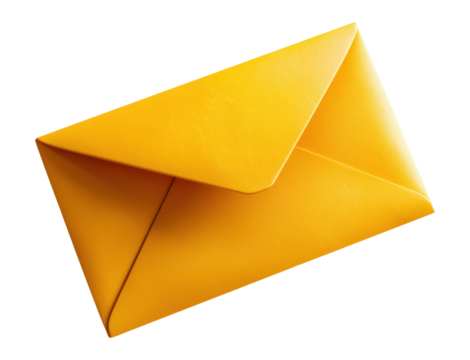 Bright yellow paper envelope positioned diagonally, isolated on transparent background