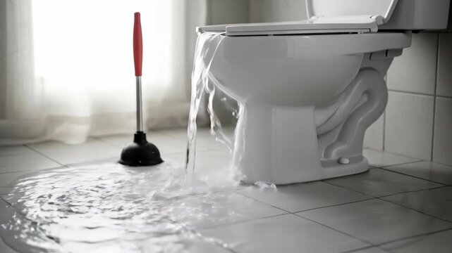Toilet overflowing with water spreading on tiled floor as plunger stands by, showing plumbing problem.
