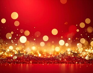 Golden bokeh lights on red background — festive Christmas and New Year glitter backdrop