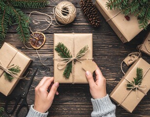 Hands wrapping eco friendly Christmas gifts with kraft paper and natural fir branches on dark rustic wooden background
