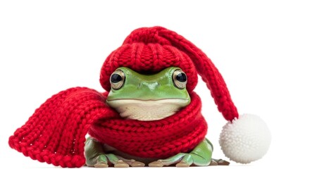 frog wearing a winter hat and scarf, on a solid white background
