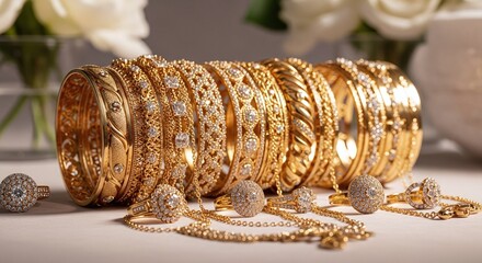 Luxury gold diamond jewelry opulent bangles rings elegant display