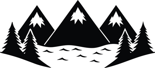 Three distinct hand drawn mountain range illustrations with pine trees and a winding river in a sketch style