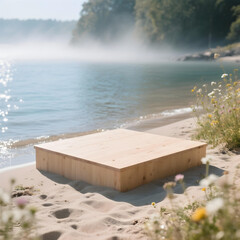 Serene Shoreline Platform: A wooden platform sits gracefully on a tranquil sandy beach beside the calm blue water, framed by wildflowers, inviting contemplation and relaxation. 