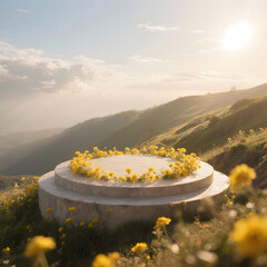 Podium of Serenity: A circular podium in the forefront, crowned with bright yellow flowers, stands majestically against a backdrop of rolling hills, embracing the golden warmth of the morning sun.