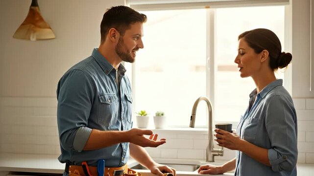 Plumber man discussing plumbing part with woman in kitchen, repair service and home improvement concept, footage.