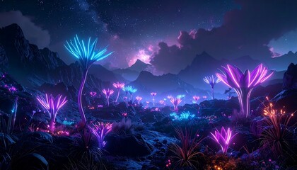 A nocturnal landscape featuring glowing flora under a starry sky, mountains, and clouds bathed in purple and blue light