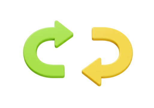 Isolated Arrows in opposite directions green and yellow. Conceptual sign for motion, cycle, or flow