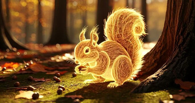 Illuminated squirrel made of light in a vibrant autumn forest setting