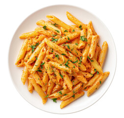 Appetizing penne pasta with tomato sauce and herbs served on white plate, isolated on transparent background