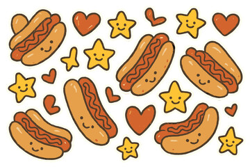 Whimsical Hotdog Stickers. Whimsical doodle stickers: hotdogs with happy faces, mustard stars, ketchup hearts, cheerful doodle