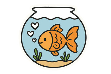 Whimsical Goldfish Doodle. Lovely doodle stickers: goldfish in a bowl with eyes, bubbles shaped like hearts, tiny seaweed waving,