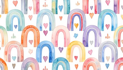 A pastel watercolor pattern showcasing an array of colorful rainbows with accompanying heart and floral motifs. The repeating design is set against a white backdrop