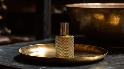Obraz premium Cylindrical Bronze Perfume Bottle Resting on a Gold Tray