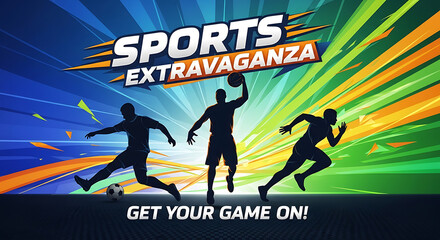 Dynamic sports extravaganza graphic with silhouetted athletes and energetic abstract background