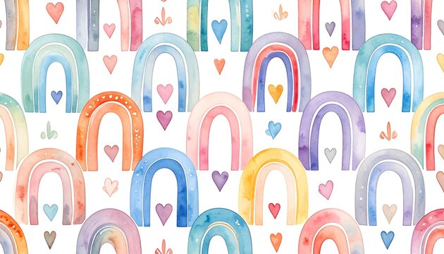 A pastel watercolor pattern showcasing an array of colorful rainbows with accompanying heart and floral motifs. The repeating design is set against a white backdrop